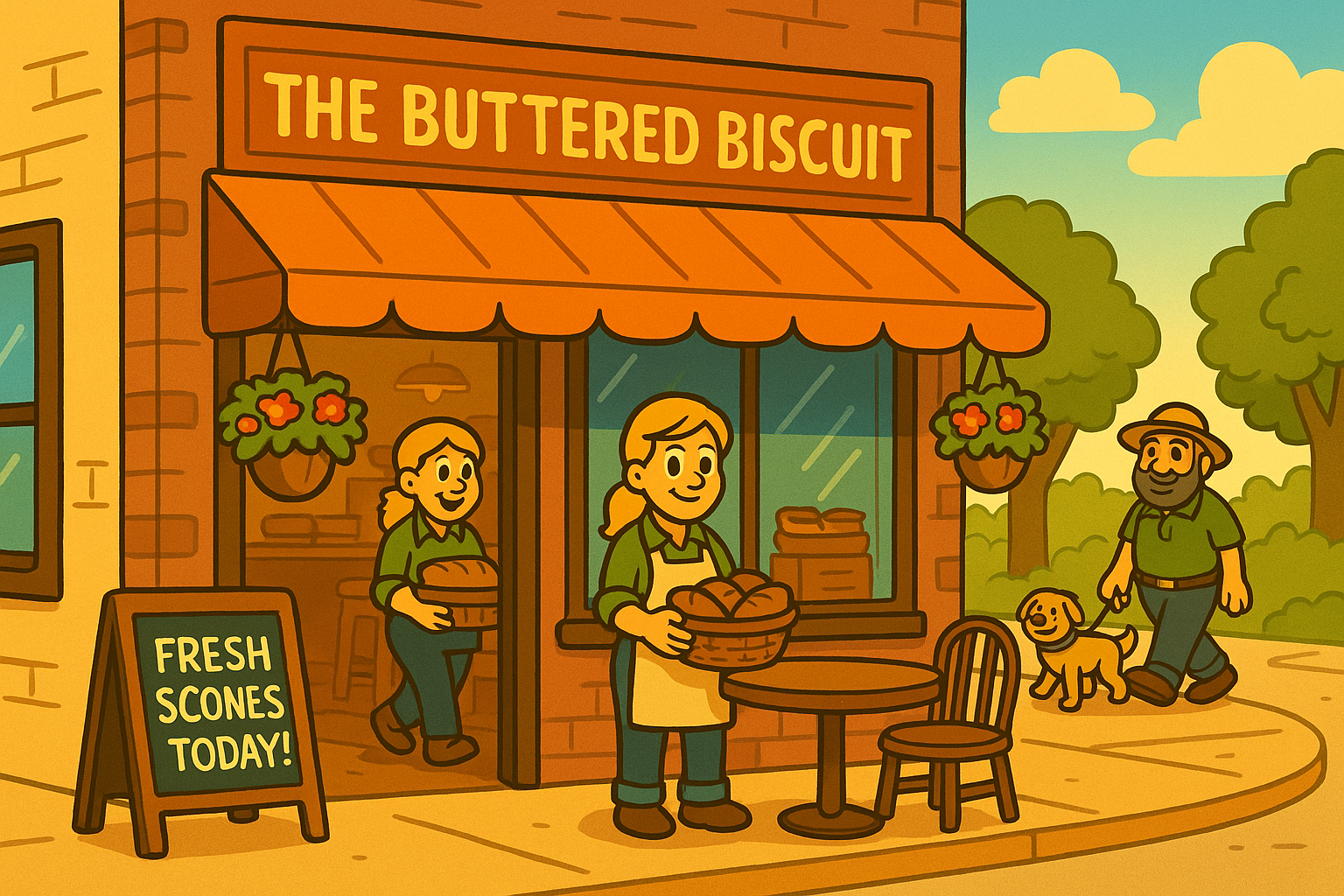 Cozy caf� storefront with warm lights and a sign that reads The Buttered Biscuit